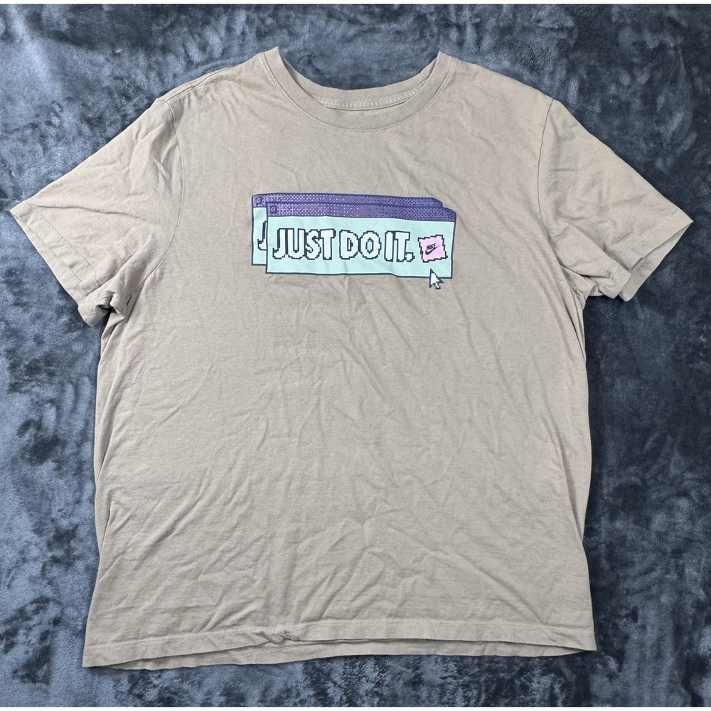 Nike Just Do It Mens XL Khaki Color Graphic T Shirt Pixel Computer Retro Tee